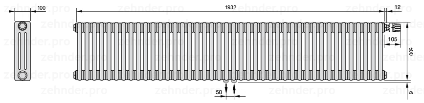 Схема (чертеж) Радиатор Zehnder Charleston 3050/42 №V008 Белый глянцевый RAL 9016